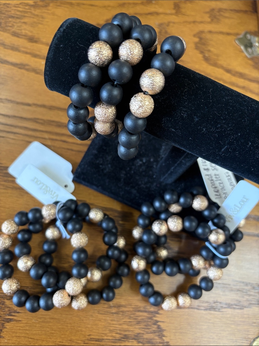 Viv & Lou Matte Black and Gold Bead Stretch Bracelet Set of 3